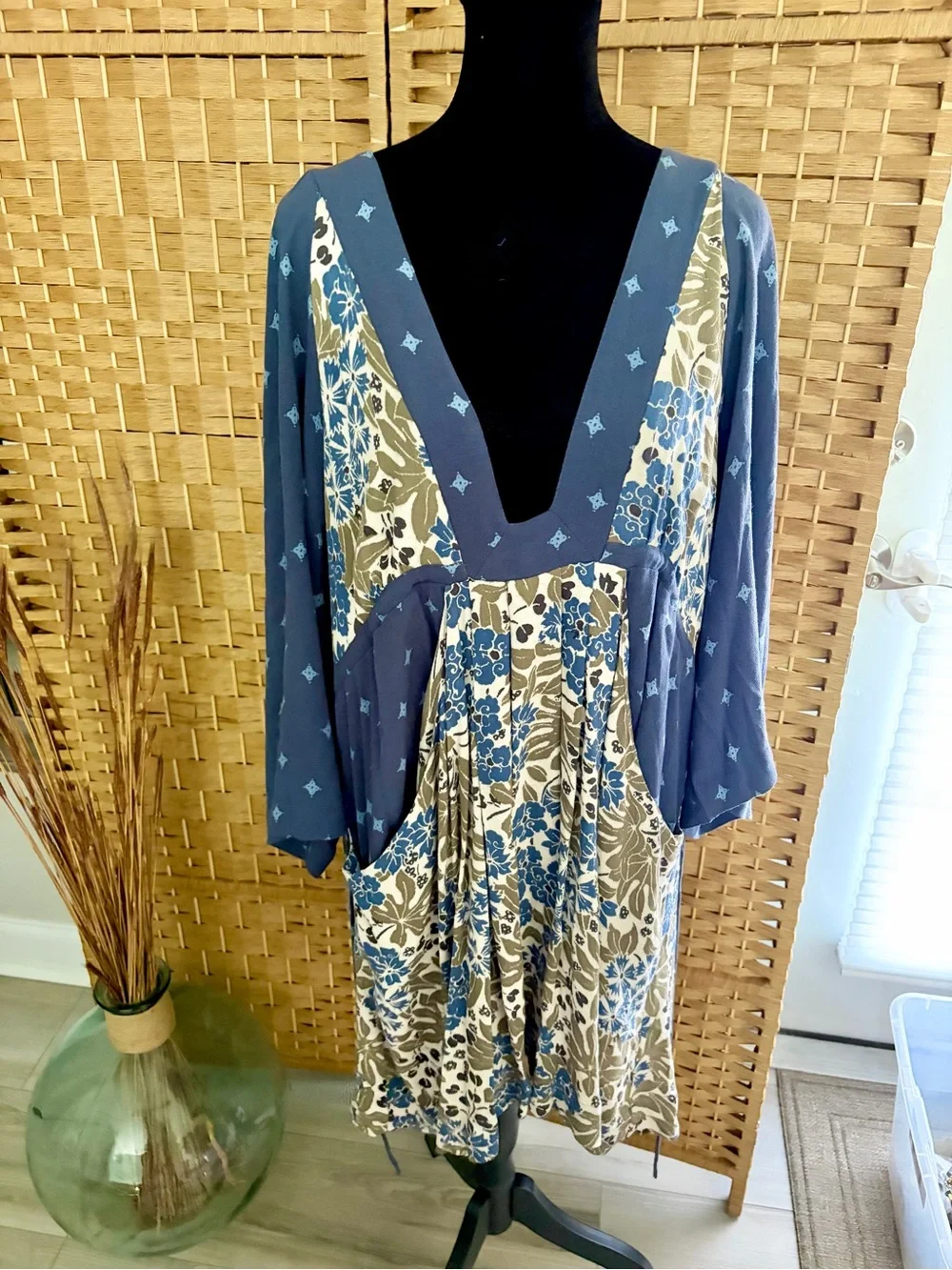 Free People Blue Floral Deep V Mini Dress